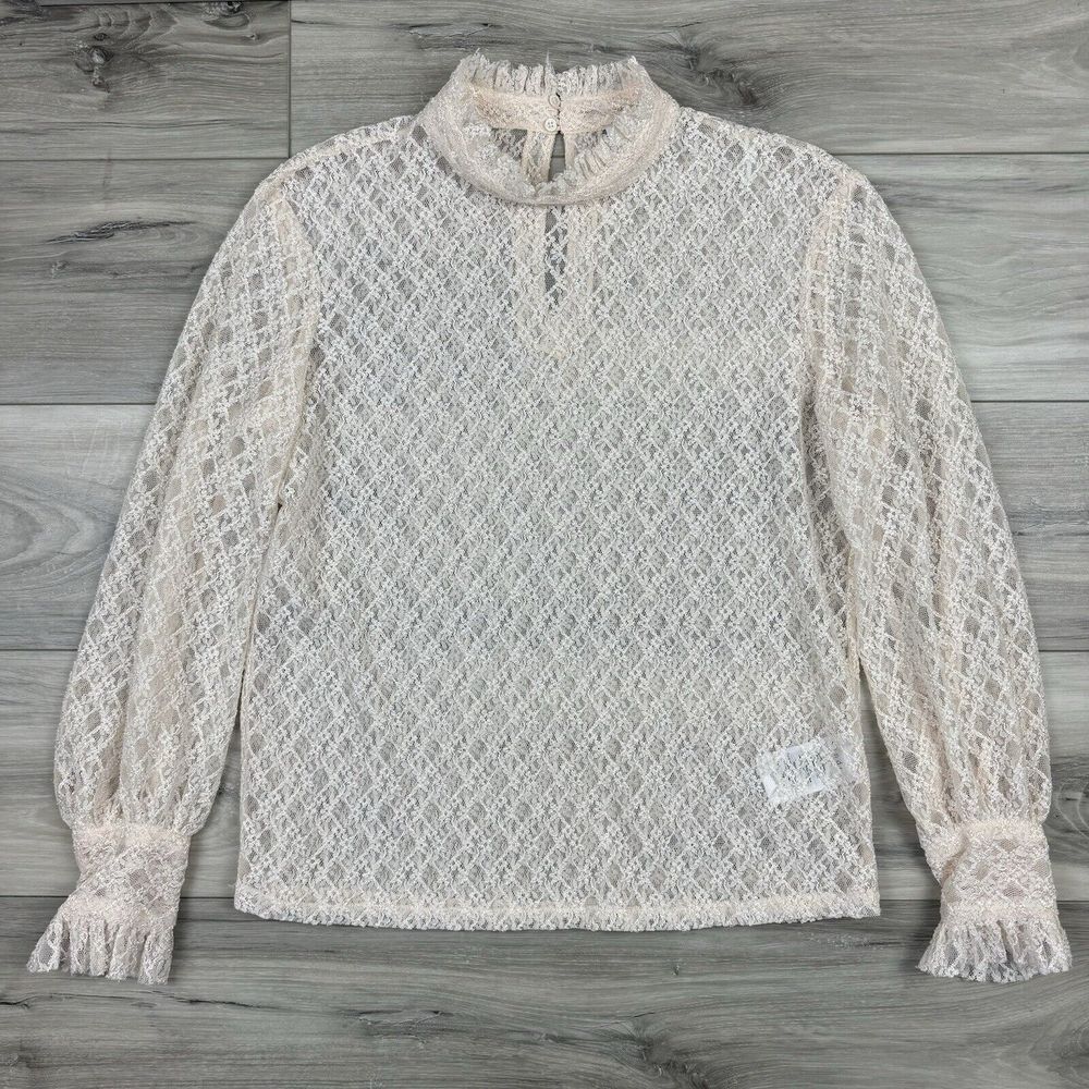 Sandro Paris Women's Cream Lace Eyelet Blouse Mock Neck Ruffle Sleeve Sz 1‎ US S - Picture 3 of 9